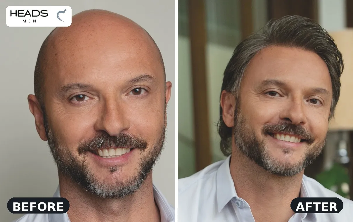 HEADS men's hair system before and after — bald before, full hair after