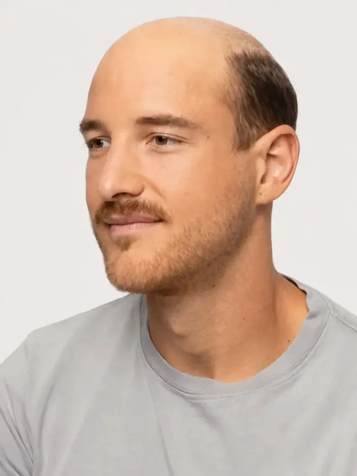 A man with a thinning, receding crown photographed from the side before his hair system