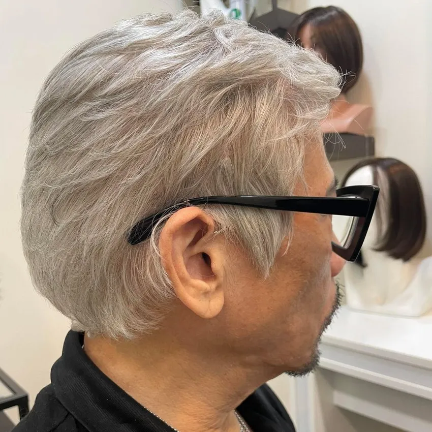 Real HEADS client — full natural grey hair after, side view, undetectable