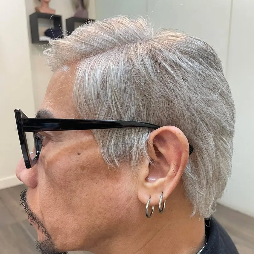 Real HEADS client — styled grey hair system, natural at every angle
